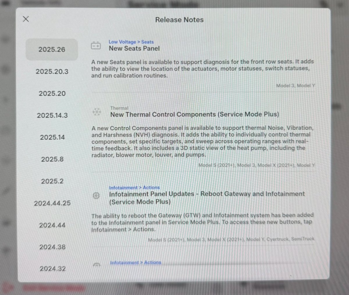 Tesla Service Mode Improvements feature in update 2025.26