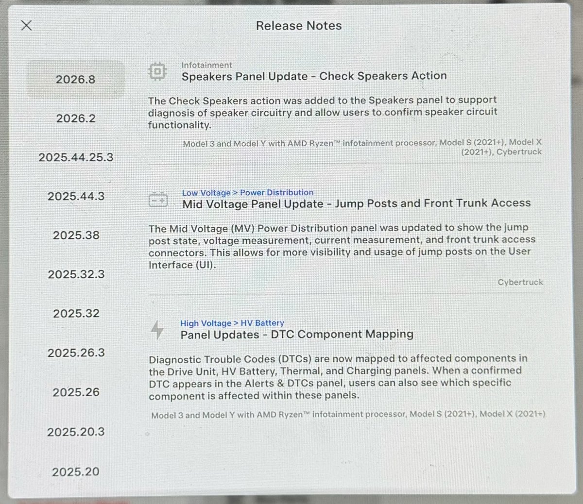 Tesla Service Mode Improvements feature in update 2026.8.6.1