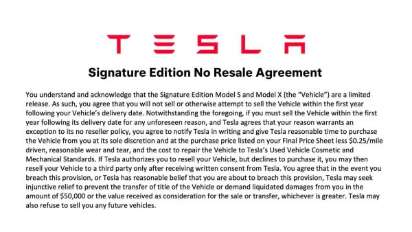 Tesla Model S/X Signature Edition Orders Require No-Resale Agreement