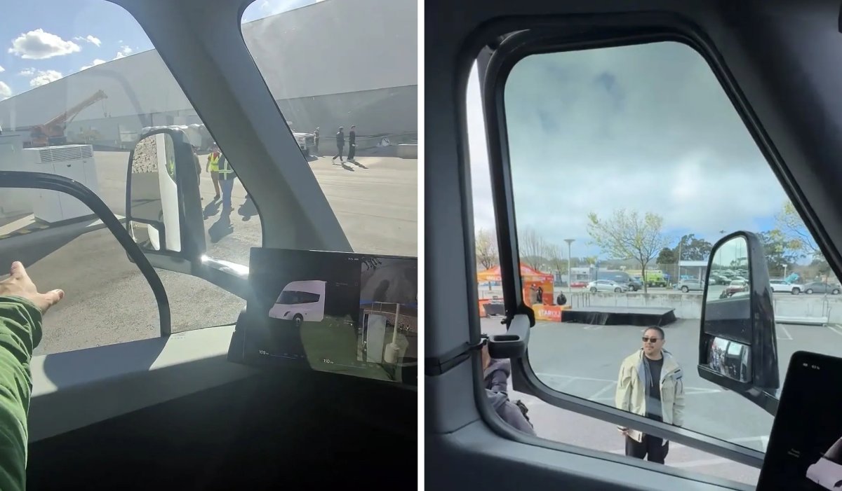 The Tesla Semi windows. The new design is on the left, and the old one on the right.