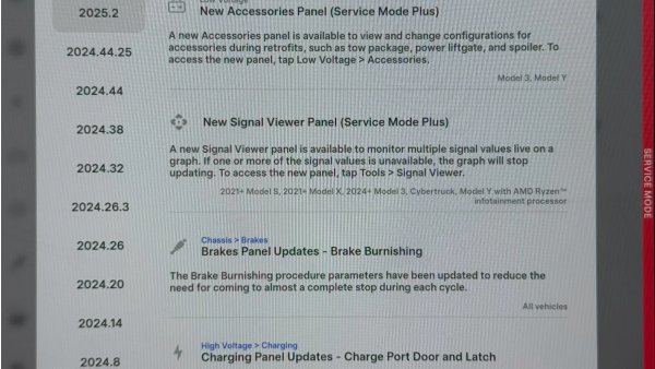 Tesla Updates Service Mode and Service Mode+ With Software Update 2025.2