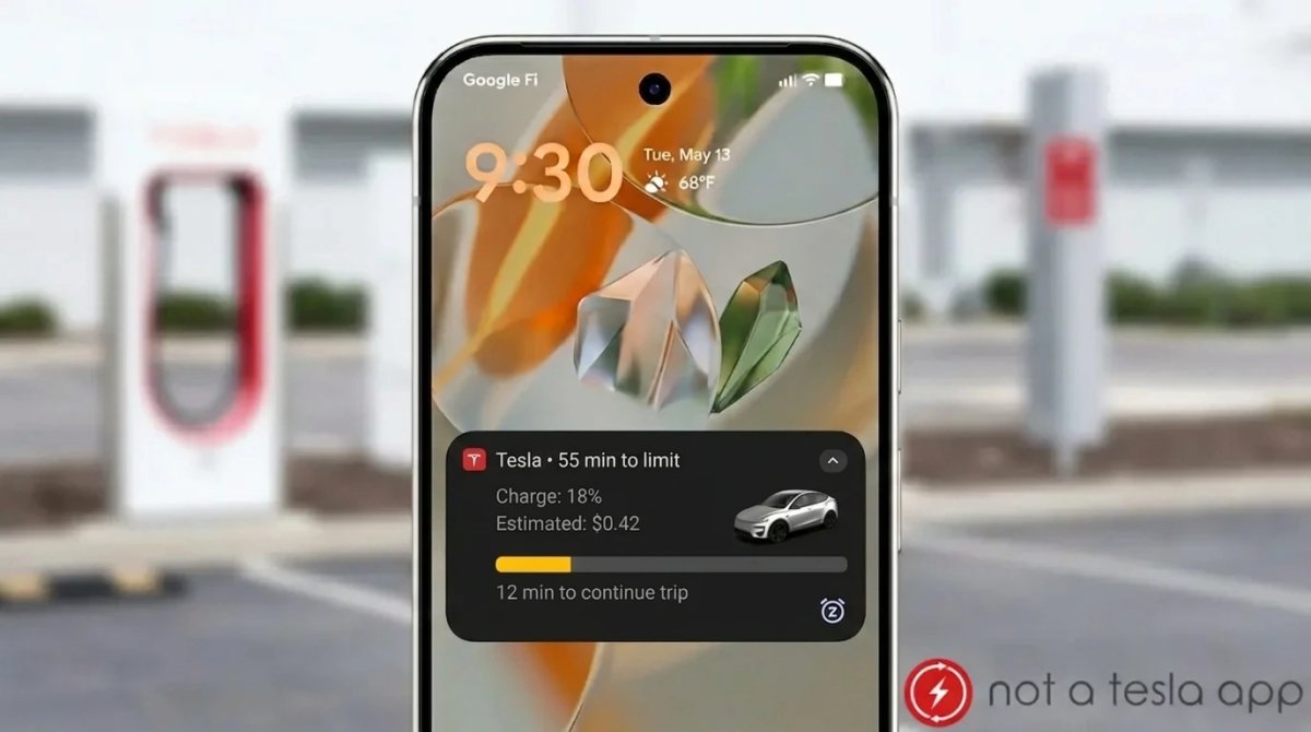 This is a render of Live Activities-style rich Tesla notifications on the Android lockscreen