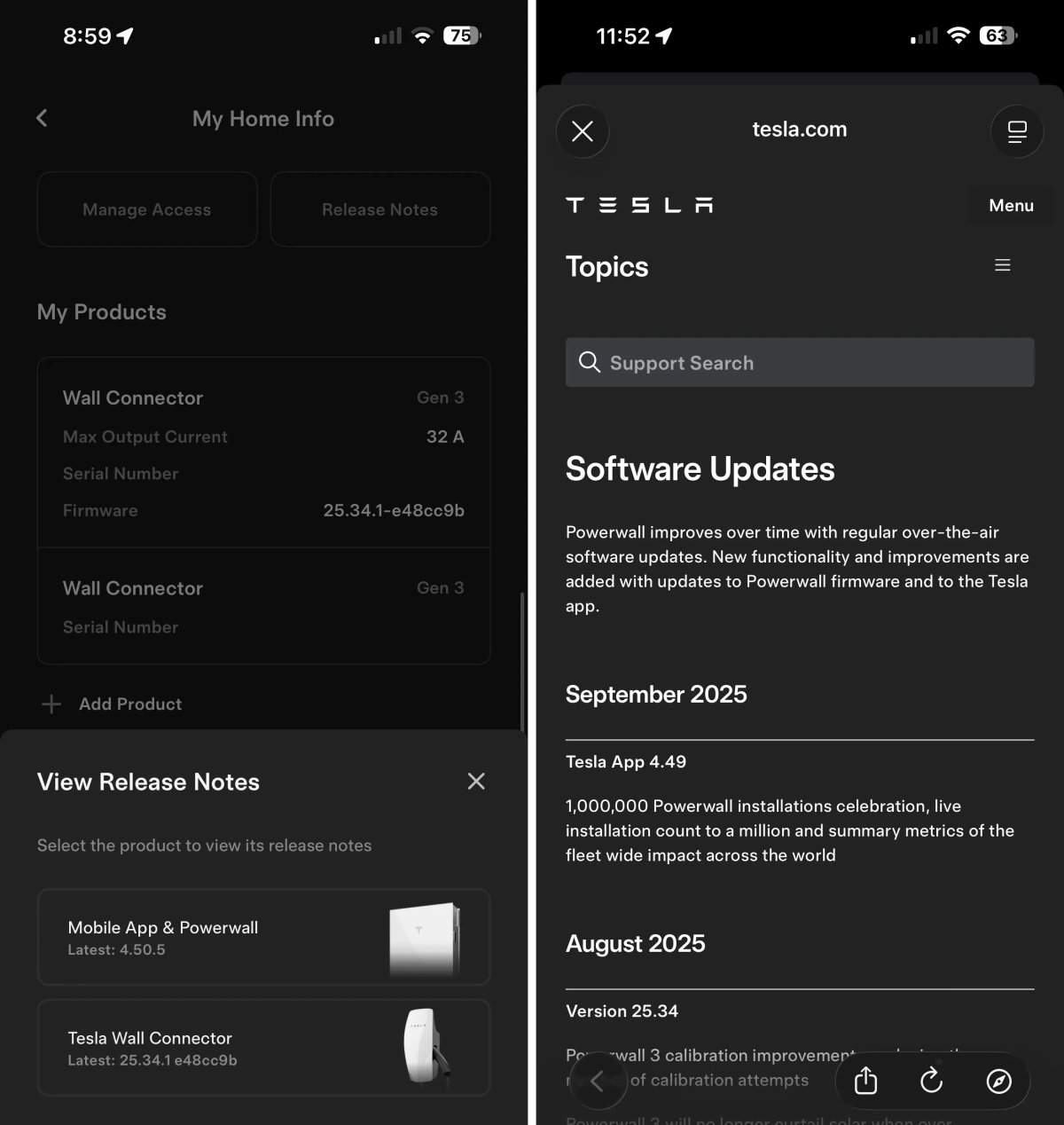 Tesla Powerwall & Wall Connector Release Notes feature in update 4.50.5