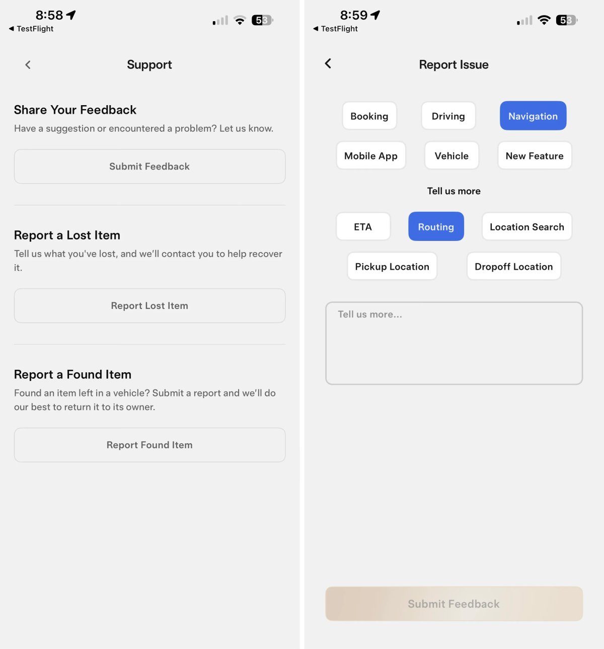 Tesla Submit Feedback and Suggest Features feature in update 25.8.10