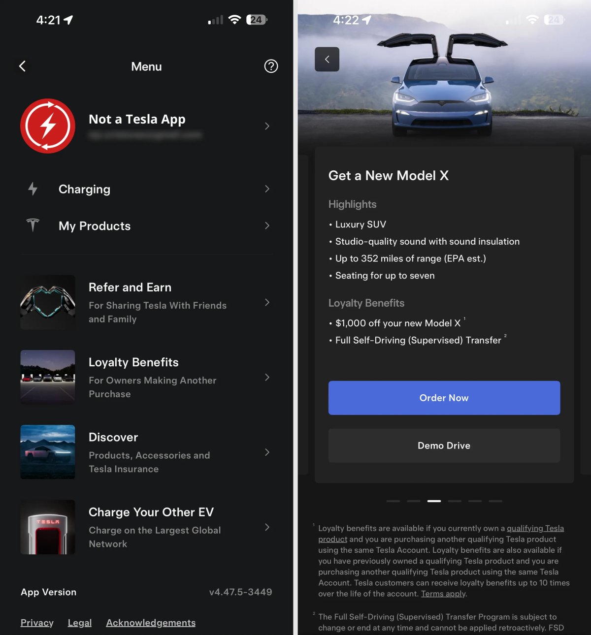 Tesla Loyalty Benefits feature in update 4.47.5