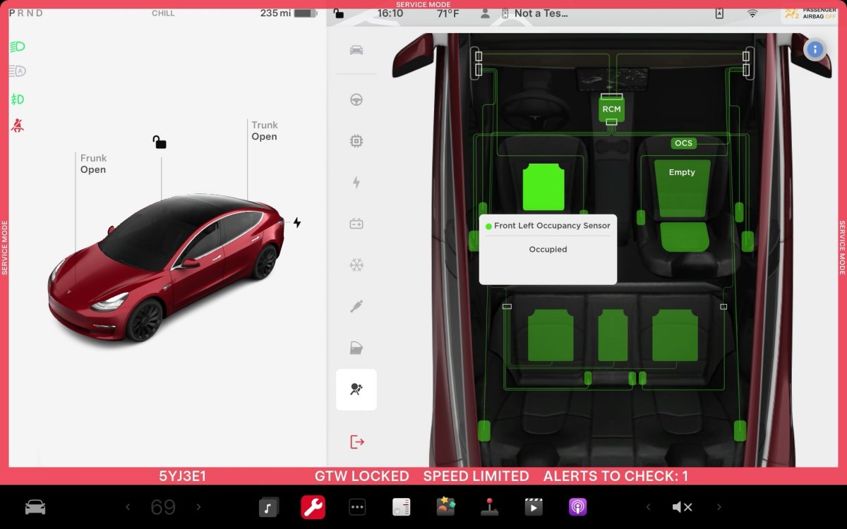 Safety & Restraints section of Service Mode