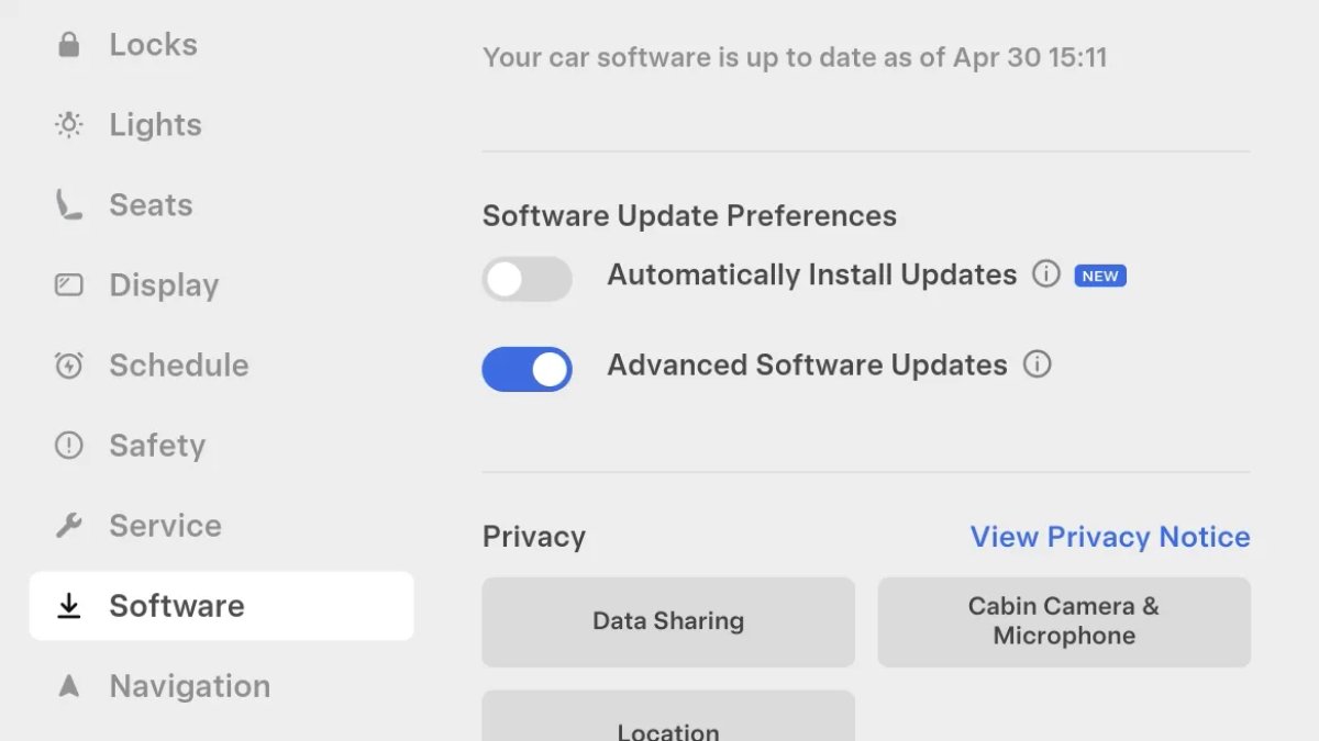 Tesla Advanced Software Updates feature in update 2026.14.6.10